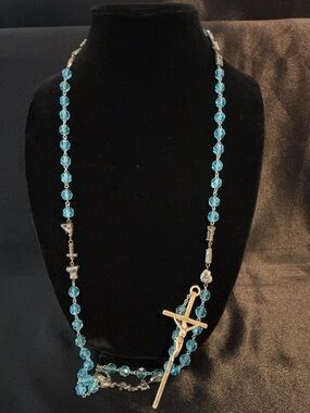 Vintage Blue Bead Rosary Necklace with  Crucifix